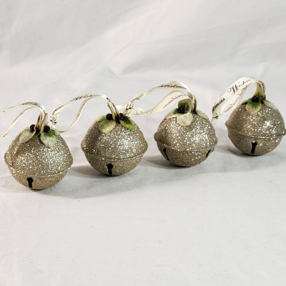Pottery Barn Kids Ornament Silver Glitter Sparkle Jingle Bell Set of 4 Fast Ship